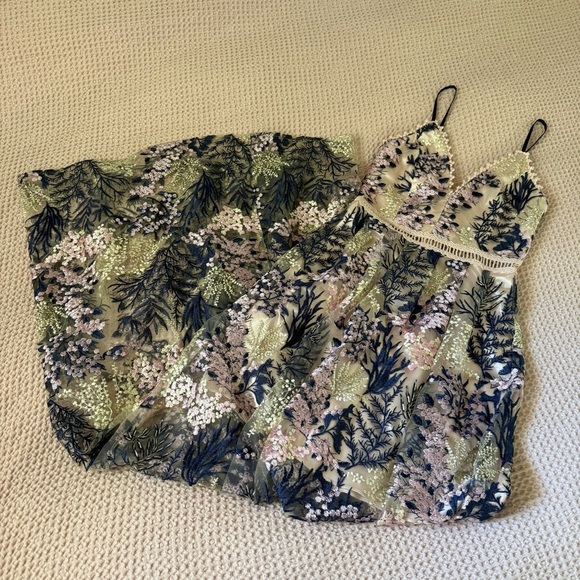 AQUA Embroidered Mesh Maxi Dress Blush Multi XS | Floral Lace Overlay Gown - Picture 12 of 12